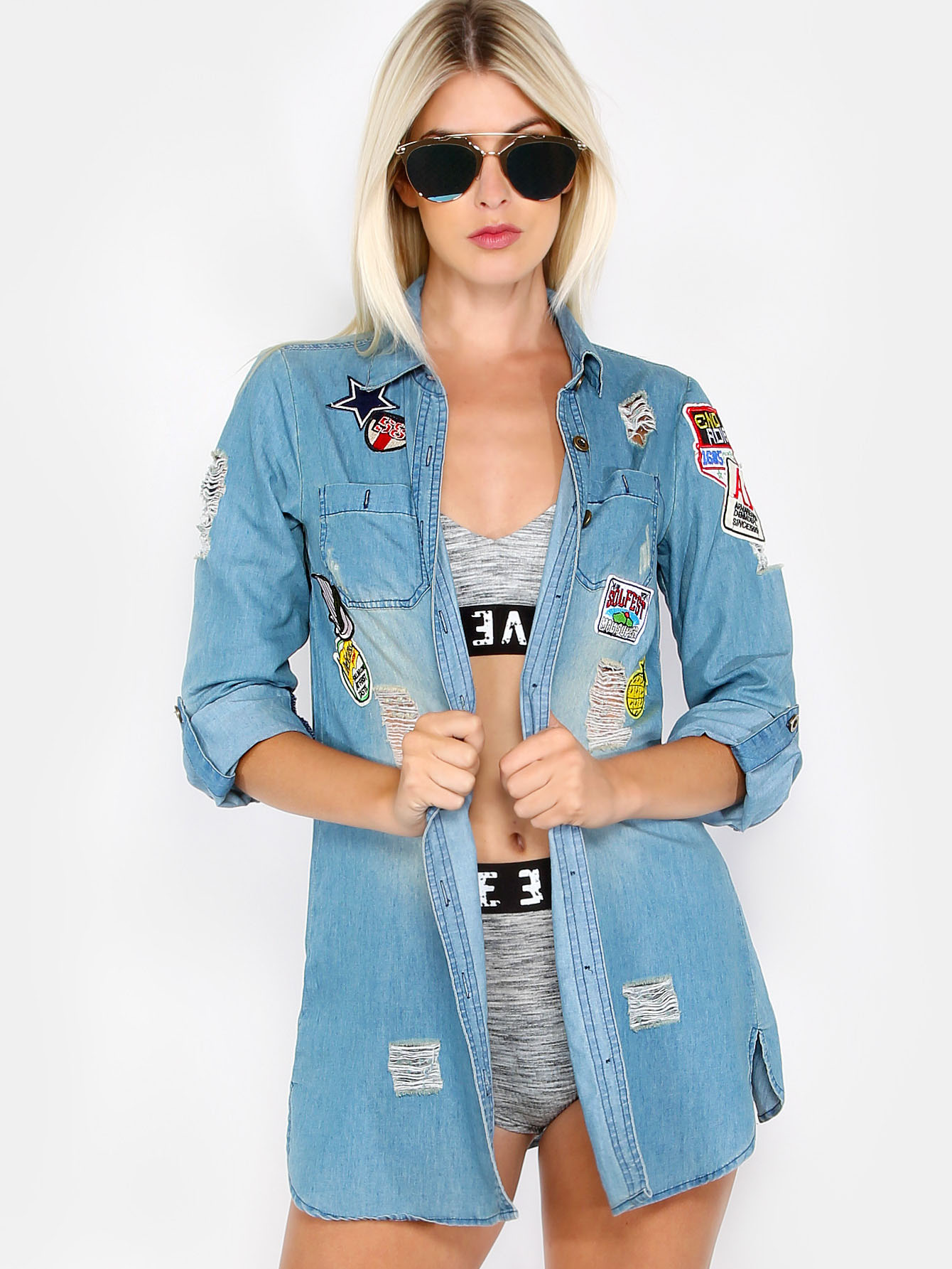 Фото #1: Distressed Patches Button Up Jacket DENIM