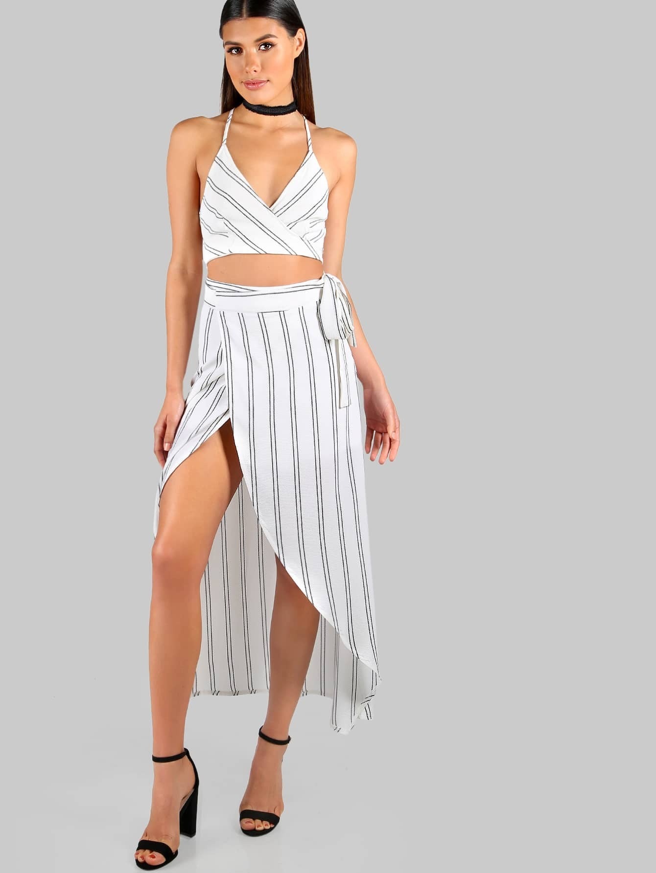 Striped Tie Up Crop and Matching Skirt Set IVORY BLACK SheIn(Sheinside)