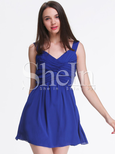 Blue Strap Backless Pleated Dress