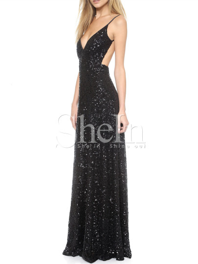 Black Spaghetti Strap Sequined Backless Maxi Dress