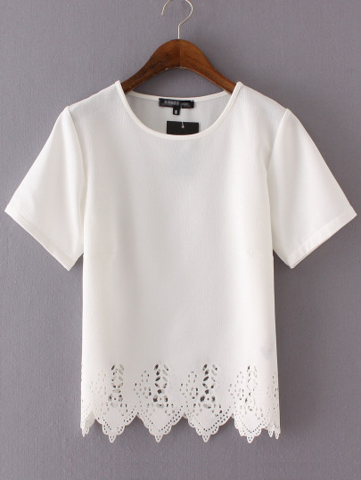Laser Cutout Chevron Hem Chiffon Blouse