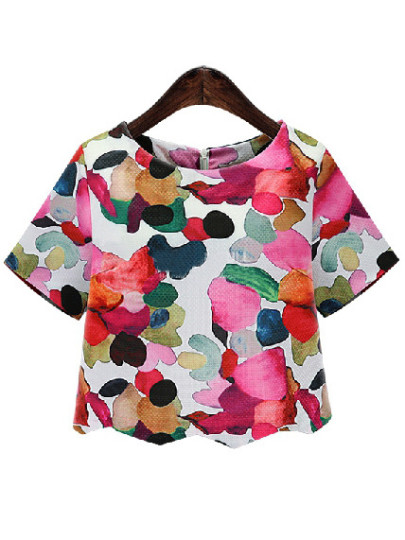 Blusa cuello redondo flores crop -blanca