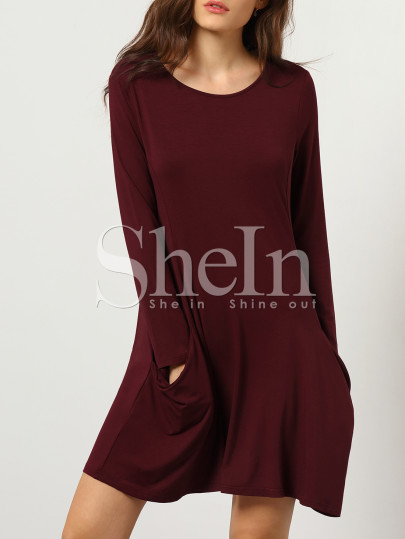 Burgundy Long Sleeve Pockets Dress