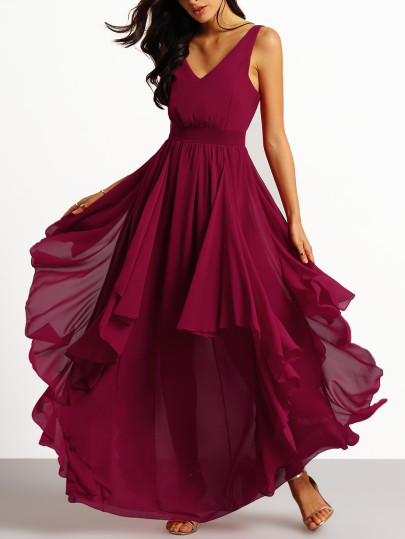 Vestido cuello V maxi gasa -borgoña