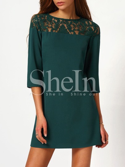 Robe en dentelle col rond -vert foncé