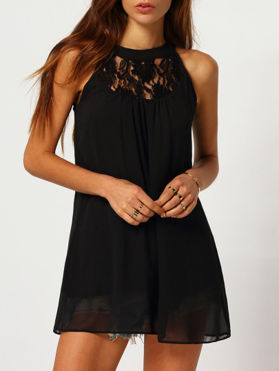 Vestido suelto cuello halter encaje sin mangas-negro