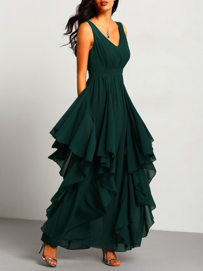 Vestido cuello V maxi gasa -verde