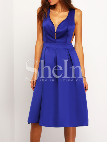 Navy Faille Shantung Sleeveless Pockets Flare Dress