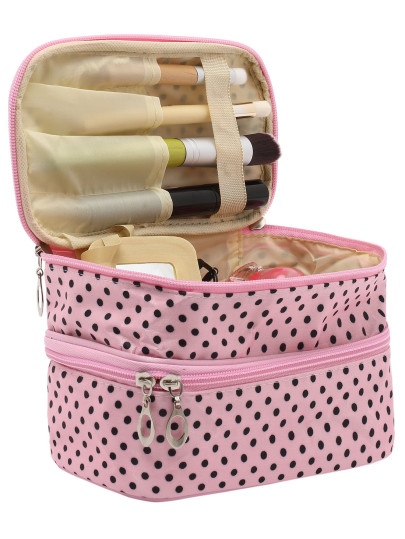 Pink Polka Dot Double Layers Cosmetic Bag