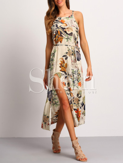 Spaghetti Strap Patterned Backless Split Dress