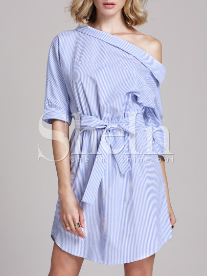 Oblique Shoulder Bow Tie Waist Pinstripe Dress