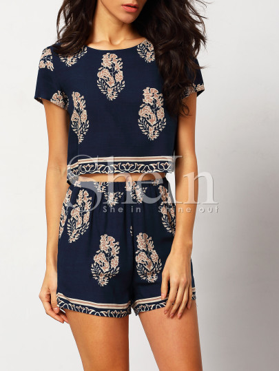 Leaves Print Crop Top With Shorts Suits