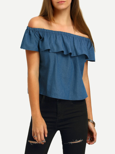 Boat Neck Flounce Denim Crop Top
