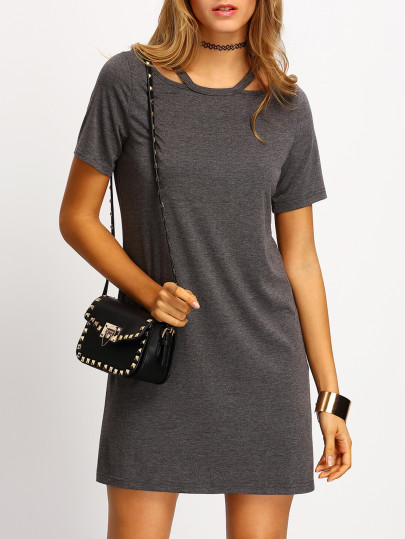 Grey Short Sleeve Cold Shoulder T-shirt Dress