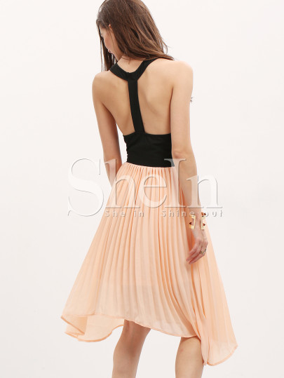 Pink Black Sleeveless Cut Out Asymmetric Dress Skirts