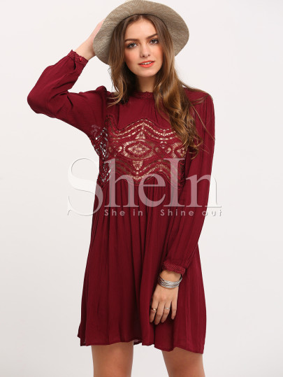 Burgundy Long Sleeve Hollow Dress