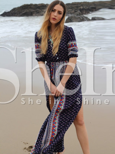 Navy Half Sleeve Vintage Print Split Maxi Dress