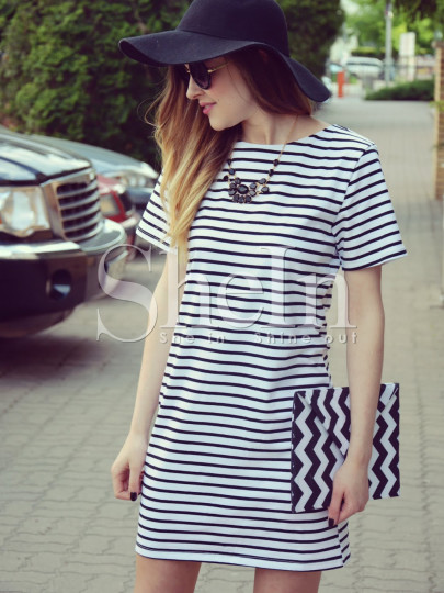 Contrast Striped Short Sleeve Straight Dress
