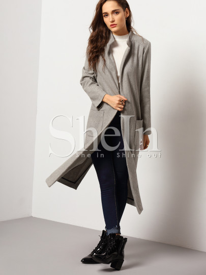 Grey Long Sleeve Pockets Coat