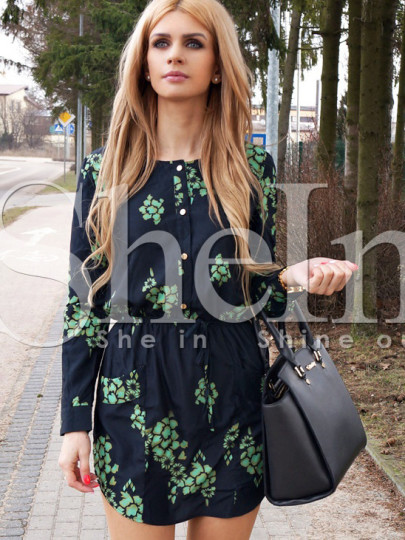 Dark Green Challis Long Sleeve Designers Floral Pockets Dress