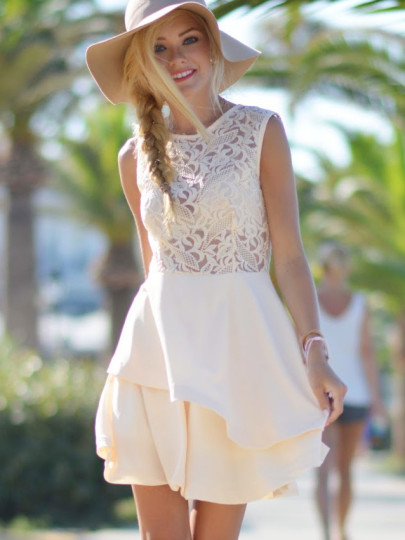 With Zipper Blush Lace Insert Flare Apricot Dress