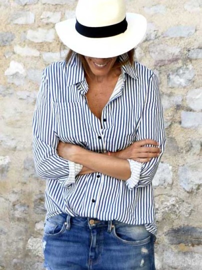 Lapel Vertical Striped Blouse