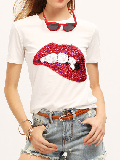 Sequined Sparkely Glittery Cozy Costume Lip Print T-shirt