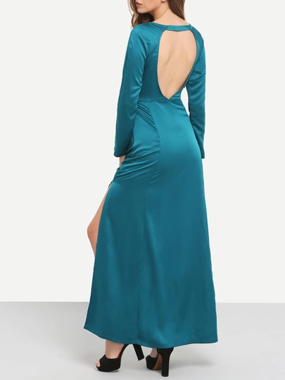 Green Teal Promdress Long Sleeve Backless Split Maxi Dress