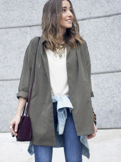 veste avec ceinture col V -vert kaki