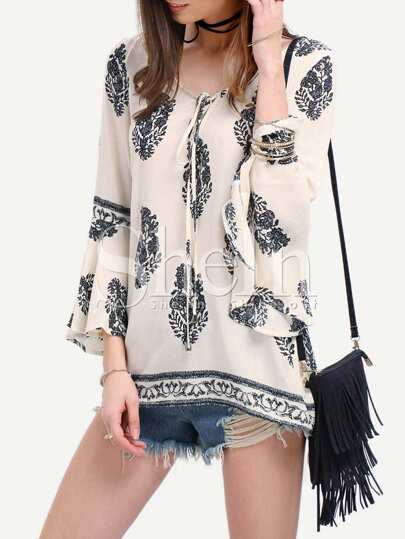 Bell Sleeve Lace Up Blouse
