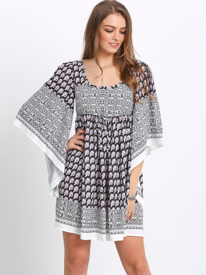 White Floral Print Scoop Neck Criss Cross Back Dress