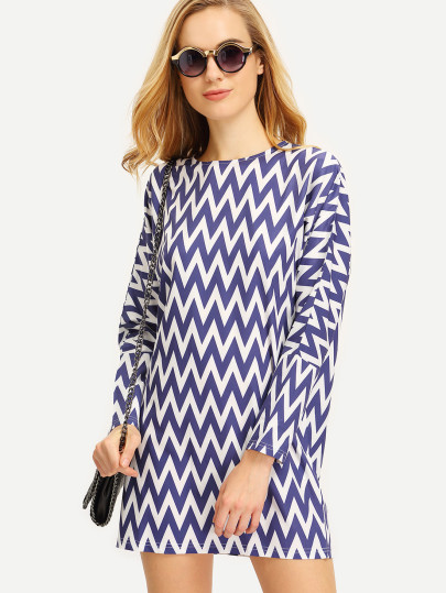 Navy White Zag Print Tunic Dress