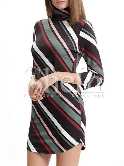 Cowl Neck Color Block Diagonal Striped Dress