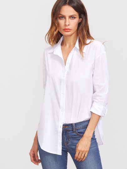 Bluse Revers Langarm mit Knöpfe-weiß
