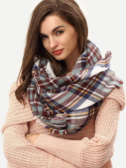 Plaid Frayed Beige Blue Scarf