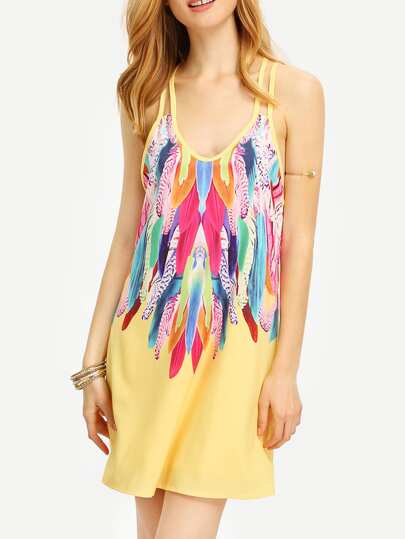 Multicolor Feather Print Spaghetti Strap Beach Dress