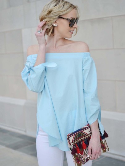 Blue Long Sleeve Style Off The Shoulder Blouse