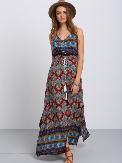Multicolor Stampa Scollo a V Split Maxi abito Side