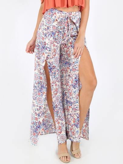 Pantalón estampado de hendidura con cintura de lazo -multicolor