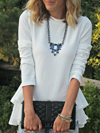 Langarm-T-Shirt mit Chiffon-Rüschen, beige