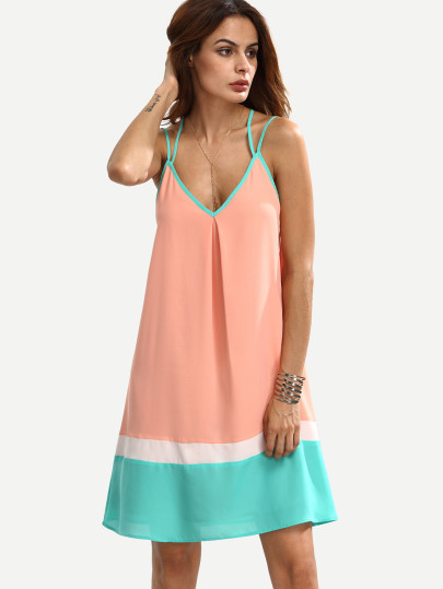 Orange Spaghetti Strap Backless Boho Color Block Dress Sundresses