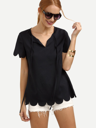 Tied Scallop Hem V-cut Blouse