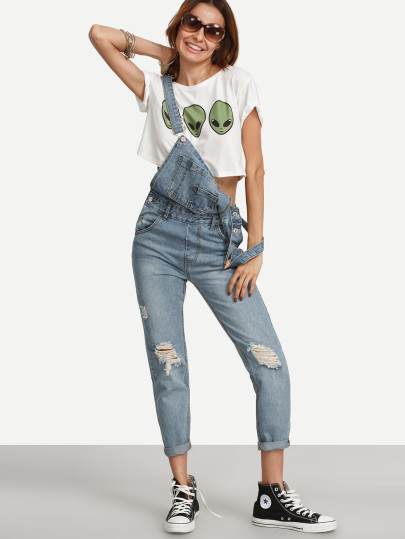 Ripped Stone Wash Denim Overall Jeans
