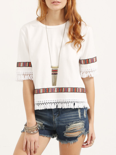 Vintage Embroidered Fringe Elbow Sleeve Blouse