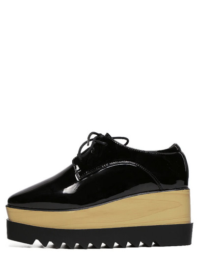 Faux Patent Lace-up Flatform Oxford Wedges