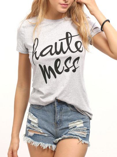 Camiseta letra casual -gris claro