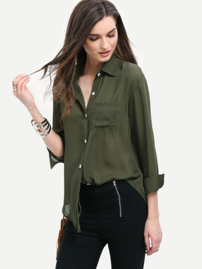 Blouse col à revers manches longues -vert kaki