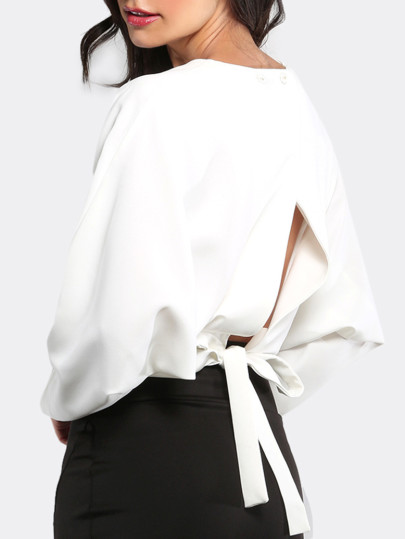 White Open Tie Bow Back Long Sleeve T-shirt