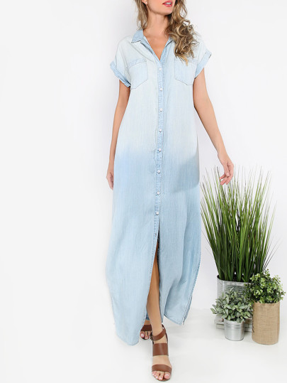 Button Front Denim Slit Dress