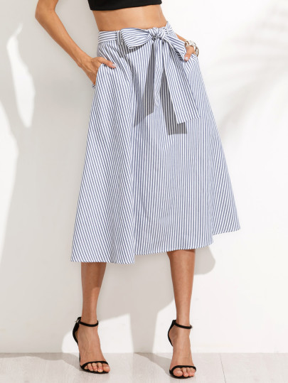 Striped Pocket Tie Waist Flare Skirt